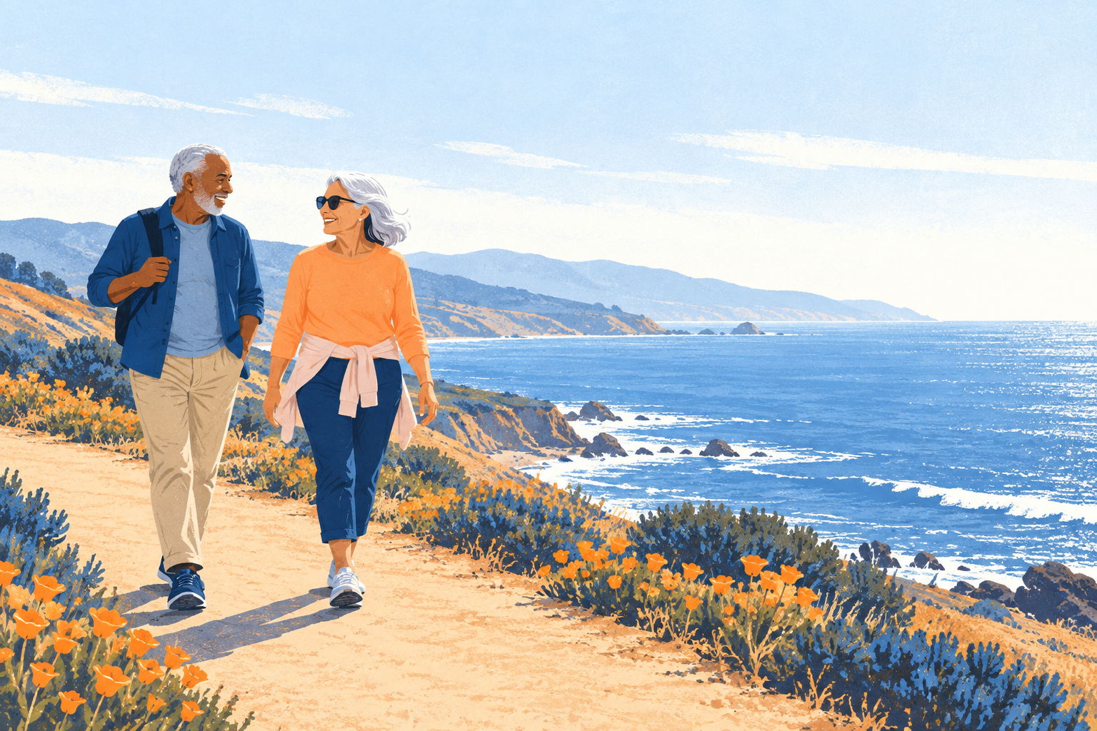 Illustration of two older adults enjoying a sunny California coastal walk